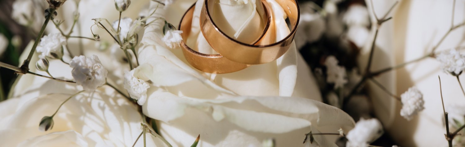 Golden wedding rings on the white rose from the wedding bouquet Golden wedding rings on the white rose from the wedding bouquet